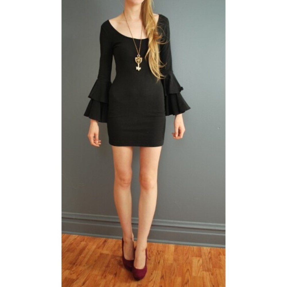 1990 vintage black bell sleeve dress size xs small - Picture 2 of 6